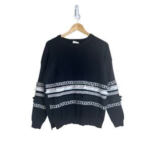 Allison New York Women’s Black Ruffle Embroidered Crewneck Sweater Est. Size M